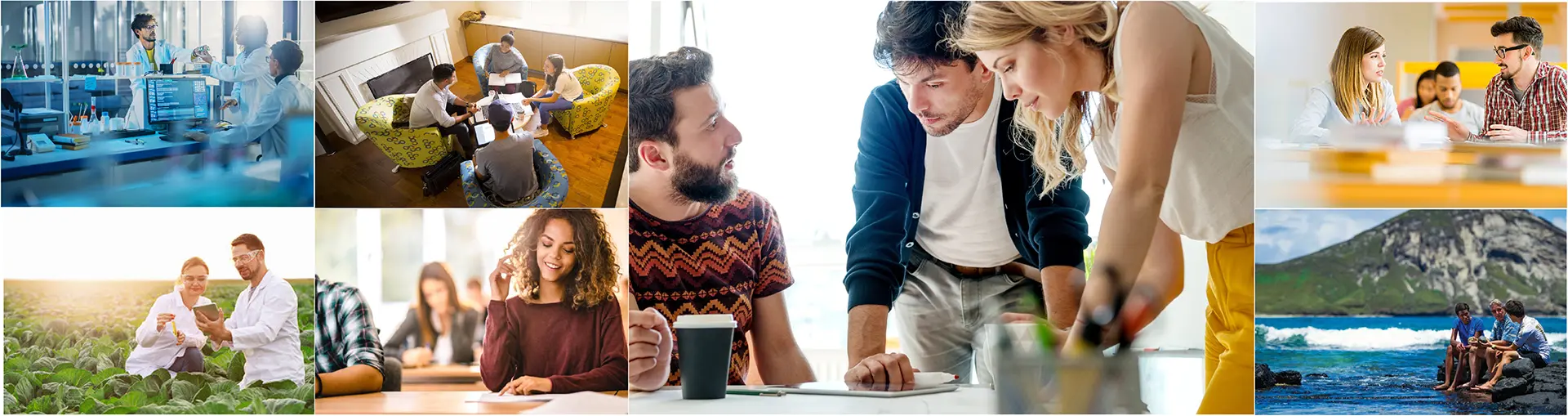 Various photos of students studying or in an academic