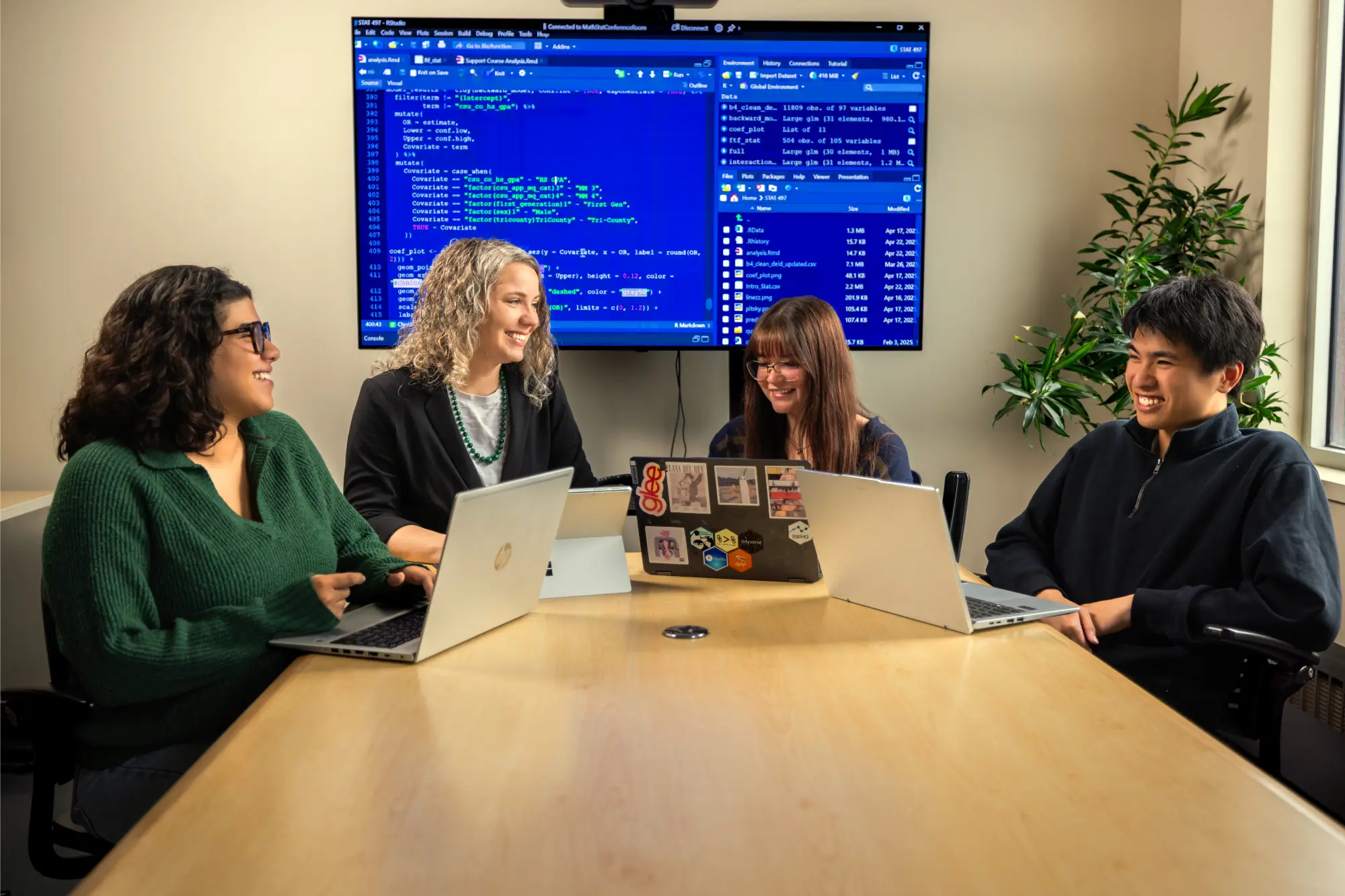 Several statistics students and Judith Canner in a meeting