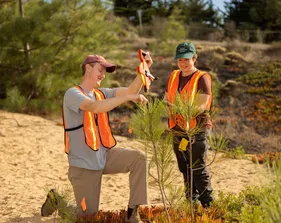 Two AES students survey a tree sapling.
