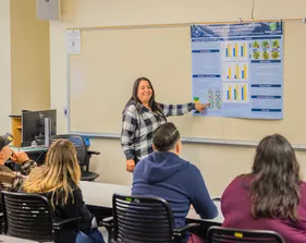 A student presents research findings to classmates, fostering an interactive and collaborative learning environment.