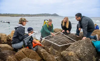 Marine science professor and students