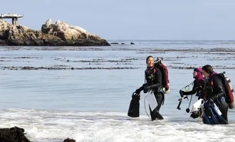 Student divers emerge from Monterey Bay after working on a scientific study.