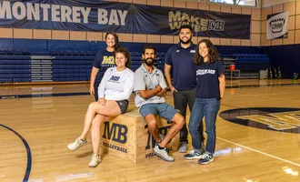 Alumni and Otter Athletics employees Meredith Kelly, Ryan Tiscareno, Amanda Jennings, John Ogden and Courtney Materazzi.