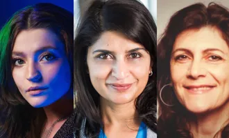 (from left) Shira Eisenberg, Alka Roy, Irina Raicu