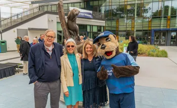 Former CSUMB Presidents Smith and Harrison, with Current CSUMB President Quiñones and Mascot Monte Rey at Otter statue unveiling