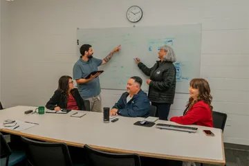 During a whiteboard session at CSUMB, two finance team members present ideas while others look on and discuss strategic notes written on the board.