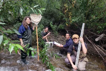 Four students are conducting fieldwork while standing in a creek. Two students in the front of the photo are holding a net and measuring tool while two students in the back are holding equipment and a clipboard