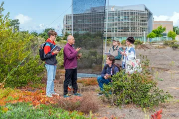 CSUMB environmental science students listen as faculty explains field observations during an outdoor campus field lesson.