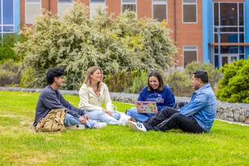 Four students sitting on some grass on campus and talking with each other.