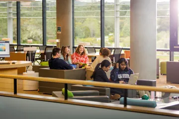 The University Communications team meeting in the library