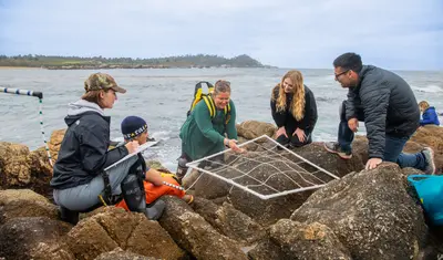Marine science professor and students