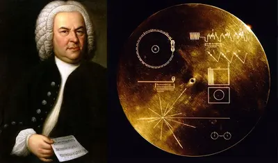 Johann Sebastian Bach portrait by Elias Gottlob Haussmann; and the Voyager Golden Record
