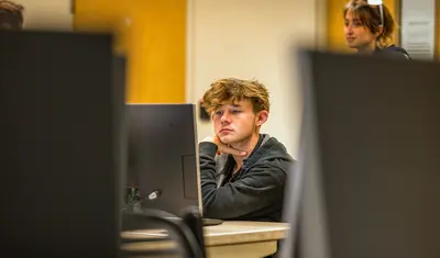 Student sitting at a desk looking at a computer