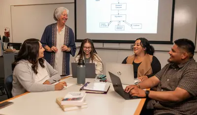 A group of two social work credential students and professors sitting down together in a classroom collaborating