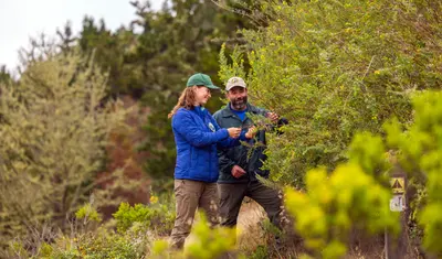 An environmental science student and professor stading next to a dirt path looking at a bush and its leaves