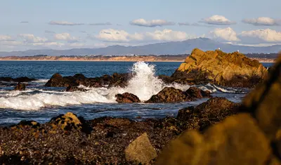 Waves crash onto a rocky shore