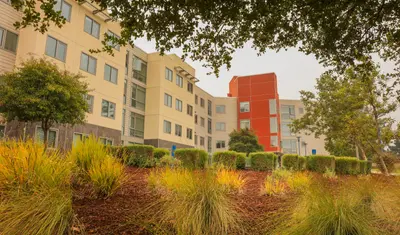 Image of building with greenery in front