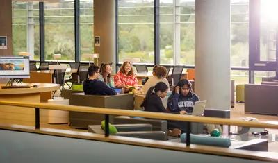 The University Communications team meeting in the library