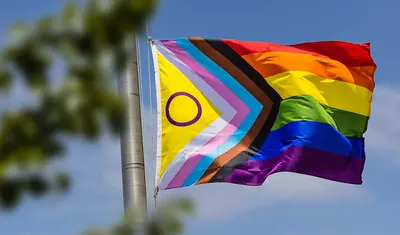 The intersex Pride flag on CSUMB's main flagpole.