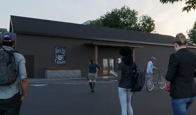 Architectural rendering of people approaching the Black Box Cabaret building.