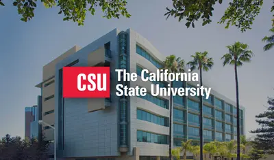 Photo: The California State University logo superimposed on an image of a building