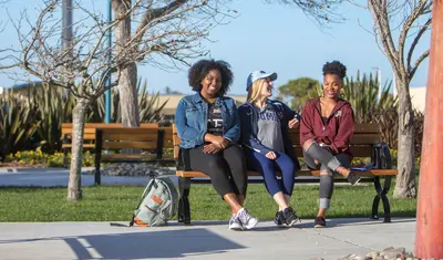 Photo: Students sitting on a bench on campus