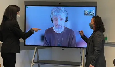 Katherine, Chris, Luz doing mock classroom demo