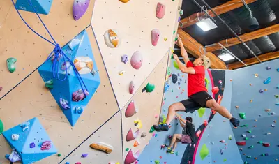 Students in CSUMB’s Monterey Bay Adventure Sports class learn to rock climb at Sanctuary Climbing and Fitness in Seaside. Photo by Brent Dundore-Arias