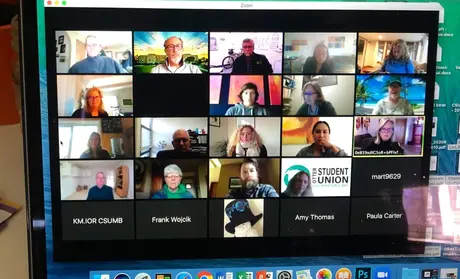 CSUMB faculty and staff meet via a Zoom videoconference after the change to limited campus operations in March.