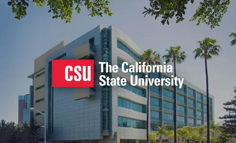 Photo: The California State University logo superimposed on an image of a building