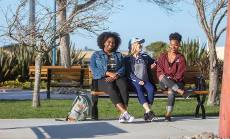 Photo: Students sitting on a bench on campus