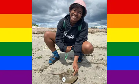 Carter at Stamford Beach in Connecticut tagging near-threatened horseshoe crabs.