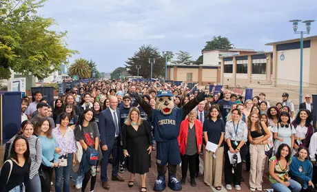 First-year students gather after Convocation outside the World Theater.