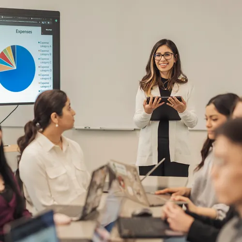 An accounting professor presents to a class