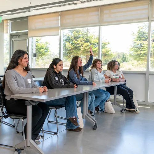 Five students, sitting in a row, at a table, in class.