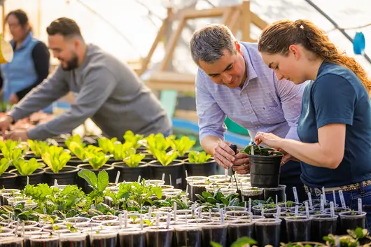 Professor and student in campus greenhouse planting during class