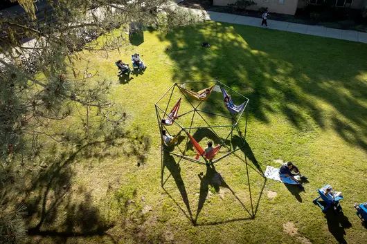 Students sitting on hammock structure, blankets, and chairs in a grassy quad