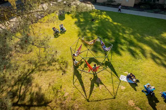 Students sitting on hammock structure, blankets, and chairs in a grassy quad