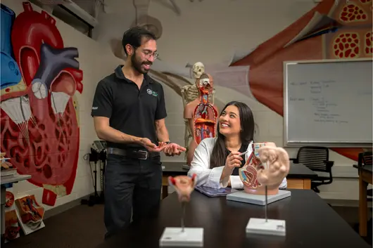 An anatomy professor and an anatomy student talking together