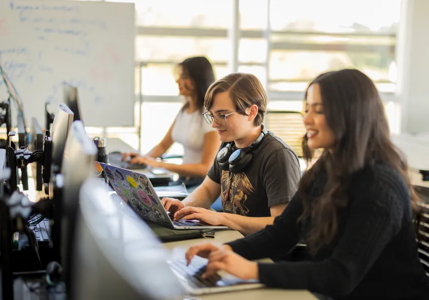 A group of students working on their laptops in the business and information technology building