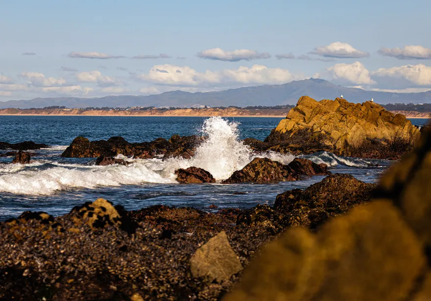Waves crash onto a rocky shore