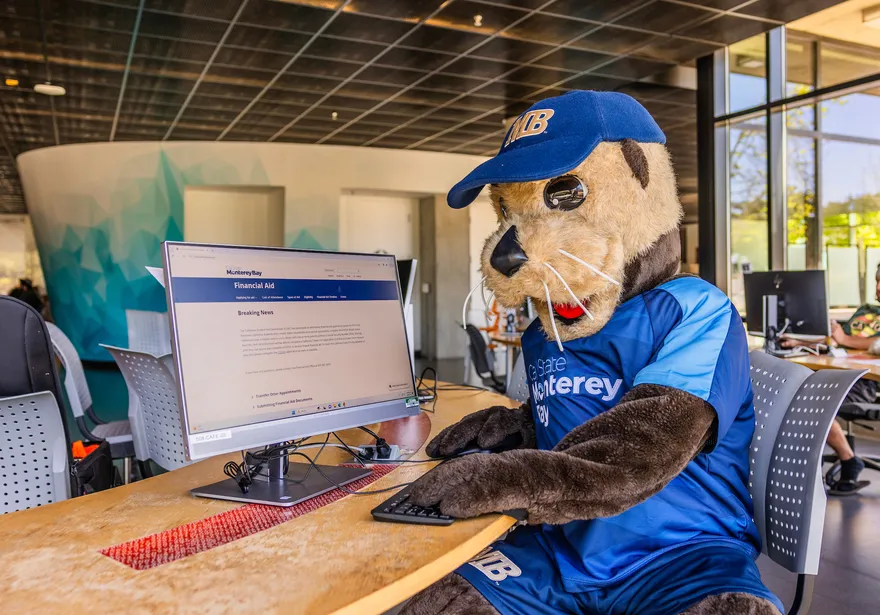 Mascot sitting at computer